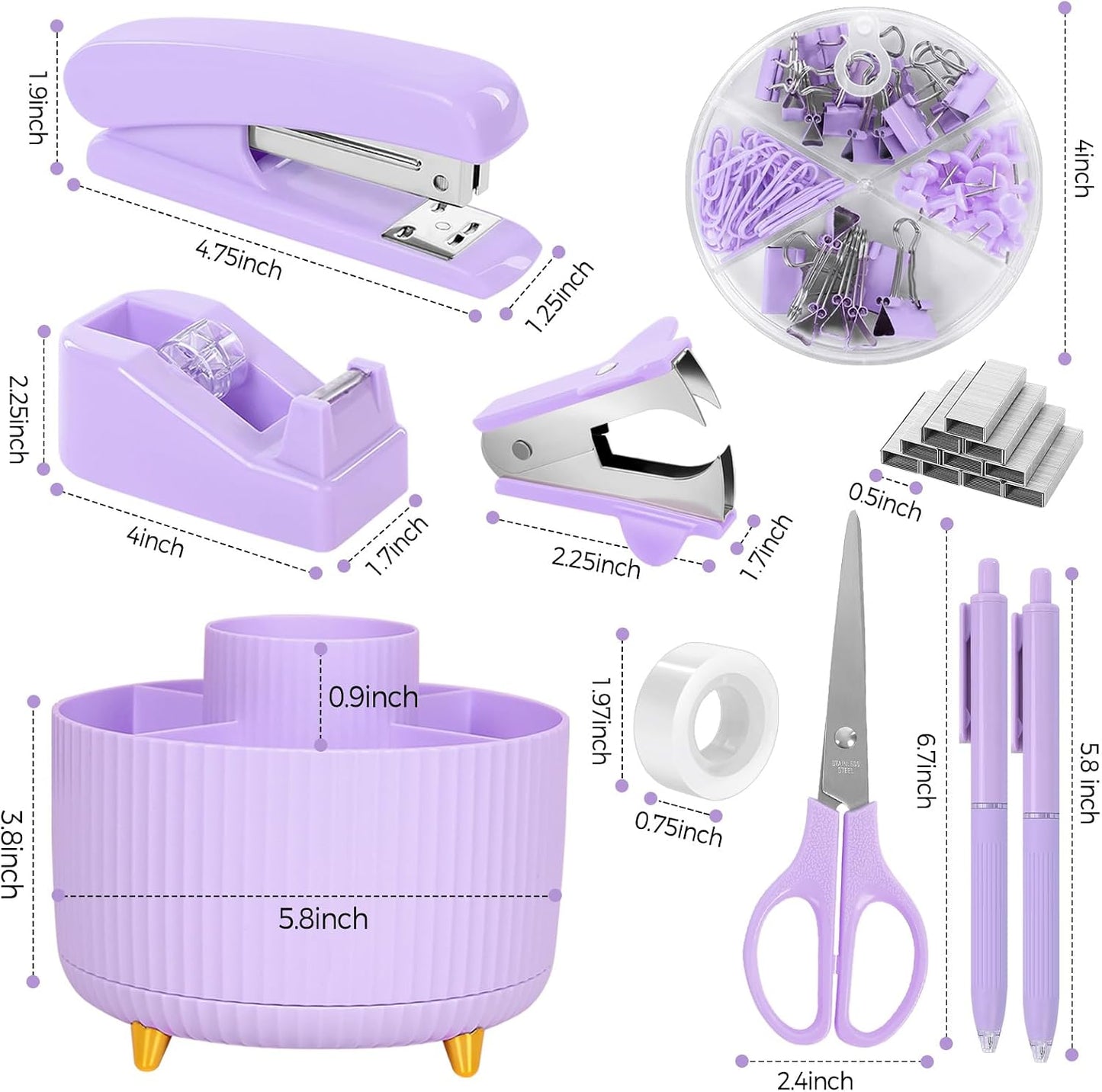 SKYDUE Purple Office Supplies Set with Rotating Pencil Holder for Desk, 11-Piece Desk Organizer and Stationery Kit
