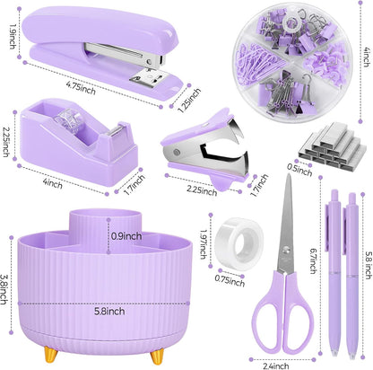 SKYDUE Purple Office Supplies Set with Rotating Pencil Holder for Desk, 11-Piece Desk Organizer and Stationery Kit