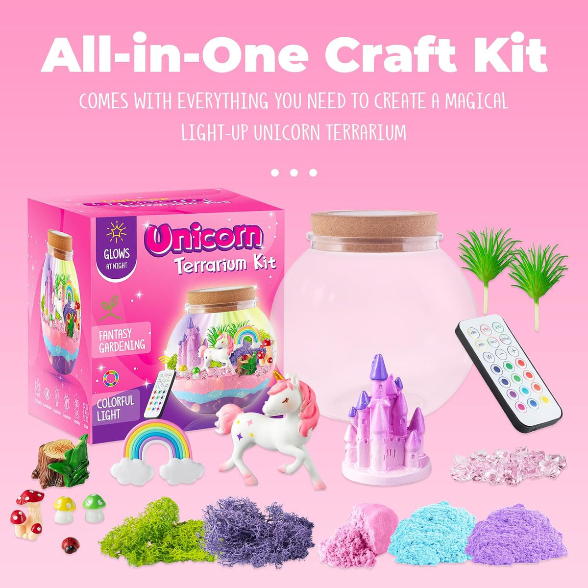 JOYEEMAX Unicorn Light-Up Terrarium Kit for Kids, DIY Unicorn Fairy Garden with 13-Color LED Night Light & Remote Control, Arts and Crafts Gift for Girls Ages 4-12