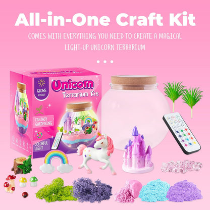 JOYEEMAX Unicorn Light-Up Terrarium Kit for Kids, DIY Unicorn Fairy Garden with 13-Color LED Night Light & Remote Control, Arts and Crafts Gift for Girls Ages 4-12