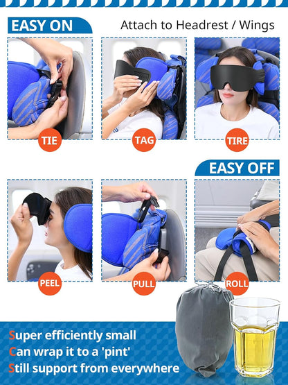 SARISUN Travel Pillows for Airplanes, Stable Head Support, Travel Essential Airplane Pillow with 3D Eye Mask, Seat Strap Secures to Headrest, Stop Bobblehead, for Long Flight Road Trip Sleeping, Black