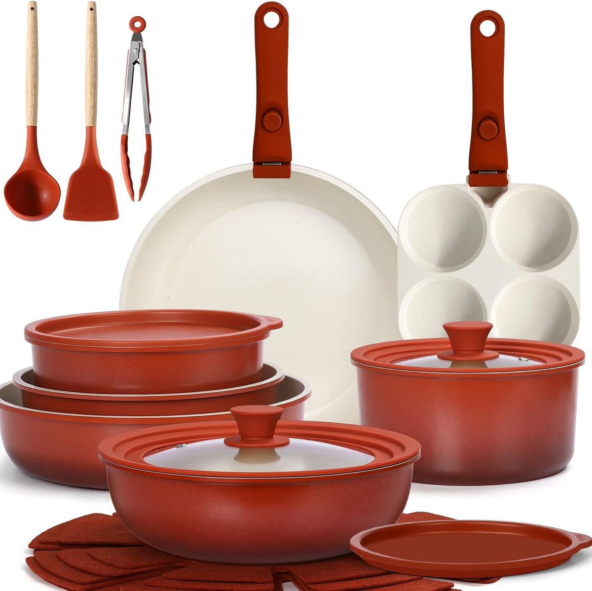 GIPP Pots and Pans Set Non Stick,Kitchen Cookware Set Detachable Handle, Non Toxic Cooking Pan Set with Frying Pans Set,RV Cookware Sets for All Stoves, Red...