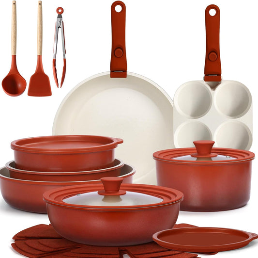 GIPP Pots and Pans Set Non Stick,Kitchen Cookware Set Detachable Handle, Non Toxic Cooking Pan Set with Frying Pans Set,RV Cookware Sets for All Stoves, Red...