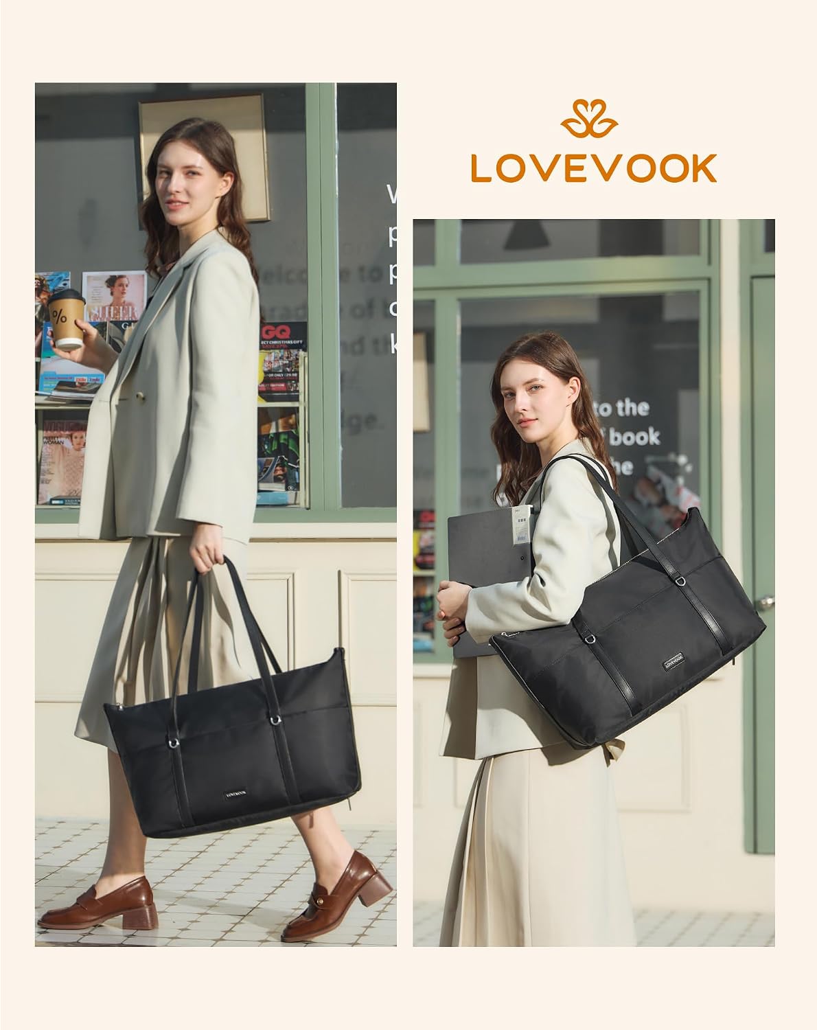 LOVEVOOK Work Tote Bag for Women, 15.6-Inch Laptop Shoulder Bag with Shoe Compartment & Large Cup Holder, Convertible Professional Computer Tote for Office, Gym, Travel & Weekends, Black