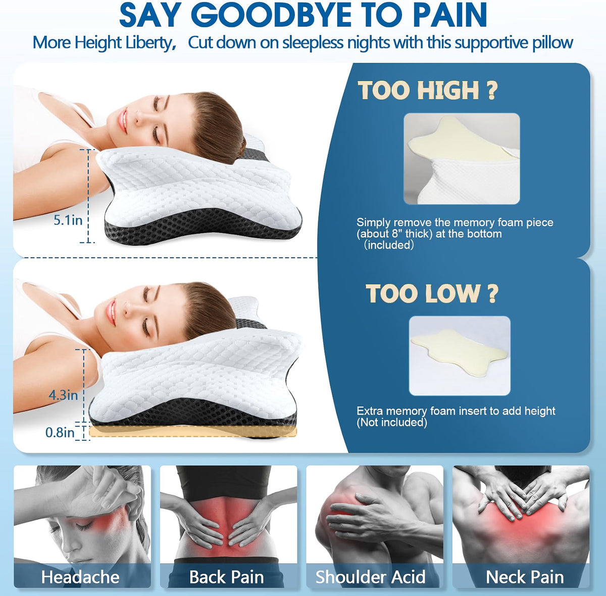 HyperionFlo Essentials Memory Foam Cervical Pillow, Adjustable Butterfly Neck Support Pillow, Queen Size, Dark Gray