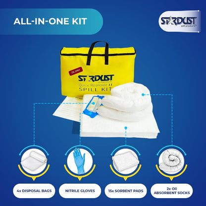 Stardust Spill Products Oil-Only Spill Kit, 2-Pack, Portable Oil Spill Cleanup Kit with Absorbent Pads, Socks, Disposal Bags & Nitrile Gloves