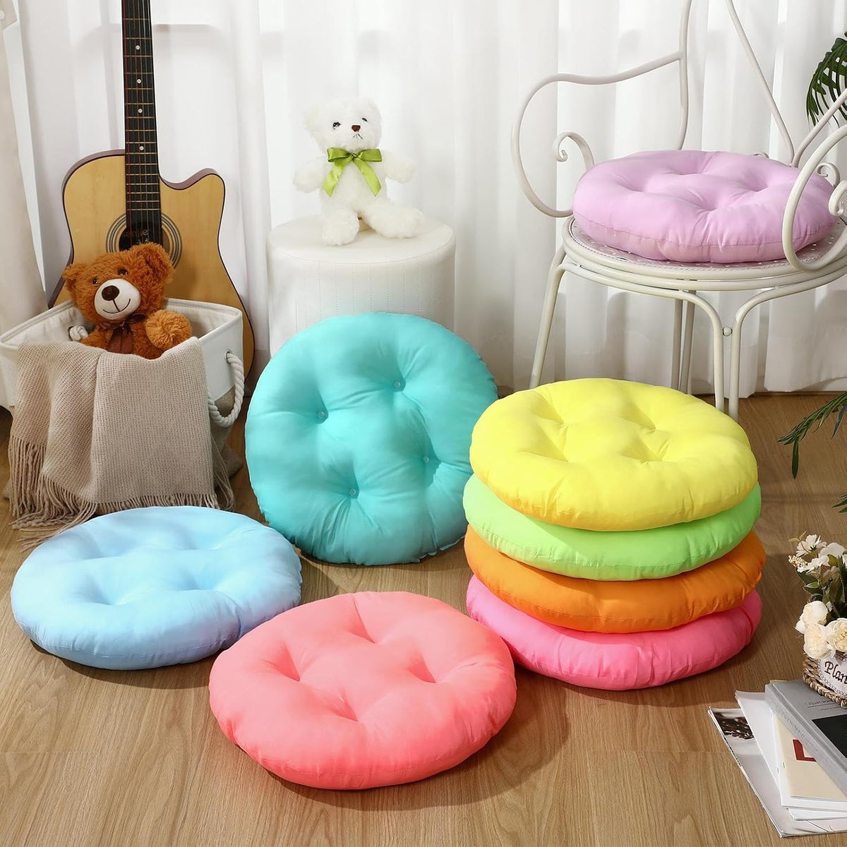 CroBlissful 8 Pcs 16 Inch Floor Cushions for Kid Classroom, Bright Color Flexible Seating for Classroom Elementary, 3.15 in Thick Round Floor Pillow, Back to School Furniture for Daycare Preschool