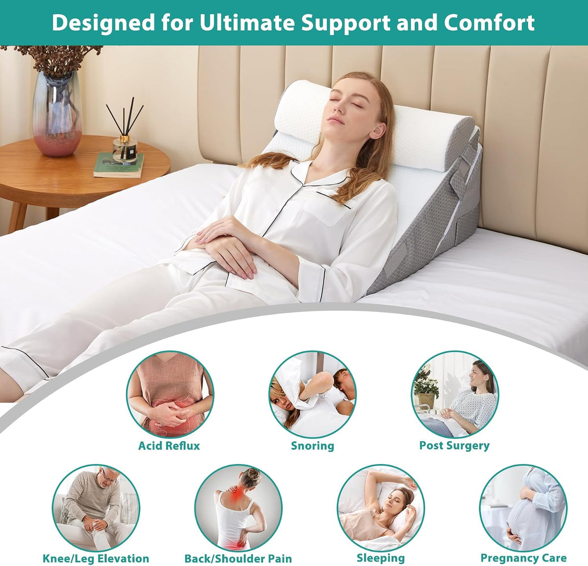 Bedluxe Wedge Pillow Set for After Surgery, Orthopedic Bed Wedge White/Grey Adjustable 9&12 Inch, Bed Wedge Pillow For Headboard, Acid Reflux&Back Pain Relief, Sleeping&Sitting Up, Neck&Lumber Support