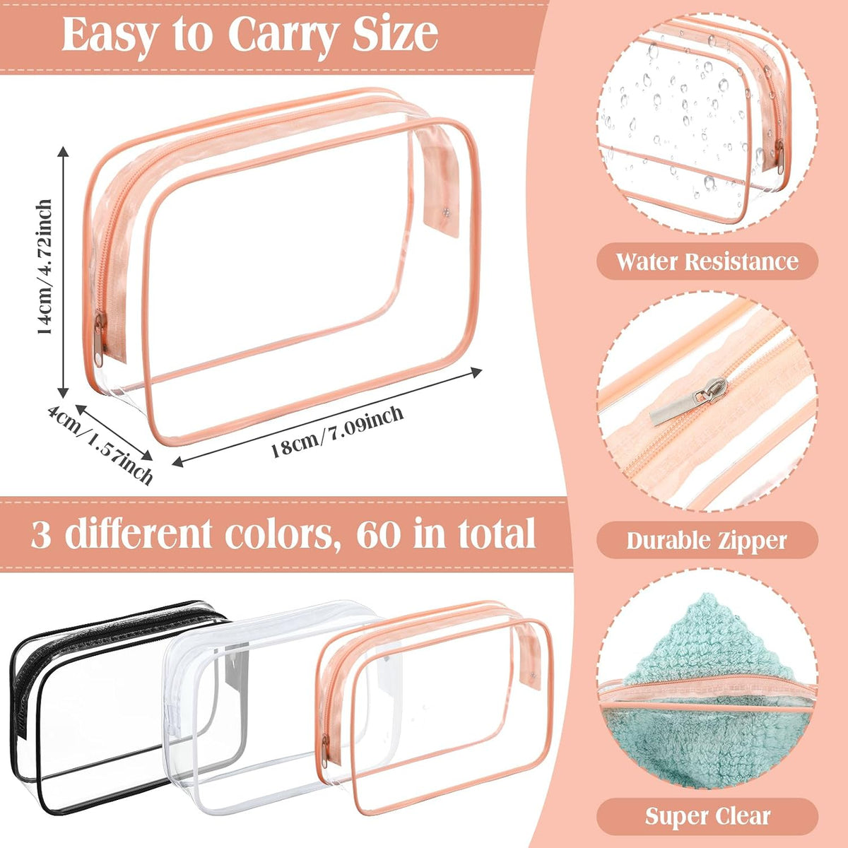 60 Pcs Clear Makeup Bags Bulk Travel Toiletry Bag 7 x 5.5 x 1.6 Inch PVC Zipper Pouch Waterproof Plastic Cosmetic Case Portable Organizer for Women Summer Bathroom (Classic Color)