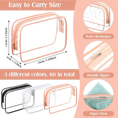 60 Pcs Clear Makeup Bags Bulk Travel Toiletry Bag 7 x 5.5 x 1.6 Inch PVC Zipper Pouch Waterproof Plastic Cosmetic Case Portable Organizer for Women Summer Bathroom (Classic Color)