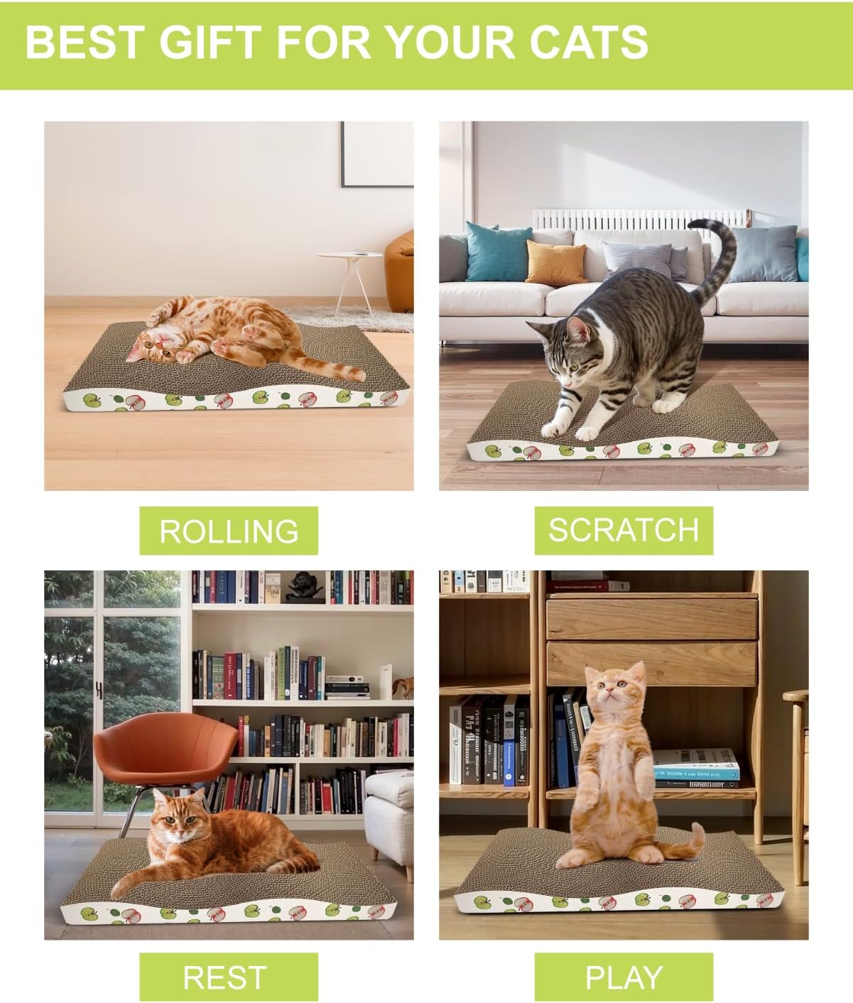 TIMHAKA Cat Scratching Board, Double-Sided Corrugated Cardboard Cat Scratcher with Catnip, Premium Scratch Texture Pad for Indoor Cats, Pack of 2, Apple