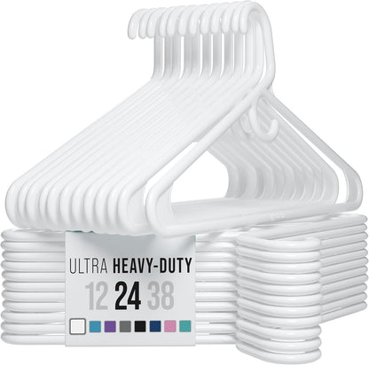 NEATERIZE Thick Heavy Duty Hangers - White Plastic Clothes Hangers 24 Pack - Great for Coat Hanger, Jackets Jeans & Suit Hanger for Closet - New Apartment Essentials Percheros Ganchos para Colgar Ropa