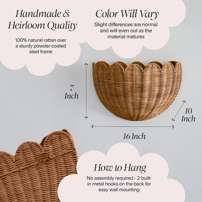 BEBE BASK Scalloped Wicker Wall Basket - The Original - 16 x 10 x 7 In | Handwoven Basket, Scalloped Décor Wall Hanging Baskets, Hanging Wall Basket, Rattan...