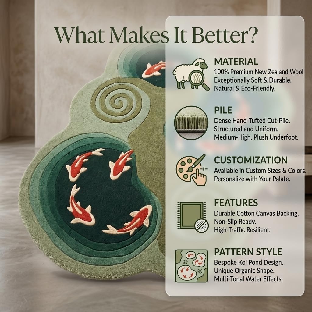 Koi Fish Pond Shaped Wool Rug, Hand-Tufted Green Zen Garden Area Rug with Koi & Water Spirals, Japanese Irregular Carpet for Living Room & Bedroom, Feng Shui Decor, 7x10 ft (213 x 304 cm)