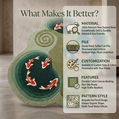 Koi Fish Pond Shaped Wool Rug, Hand-Tufted Green Zen Garden Area Rug with Koi & Water Spirals, Japanese Irregular Carpet for Living Room & Bedroom, Feng Shui Decor, 7x10 ft (213 x 304 cm)
