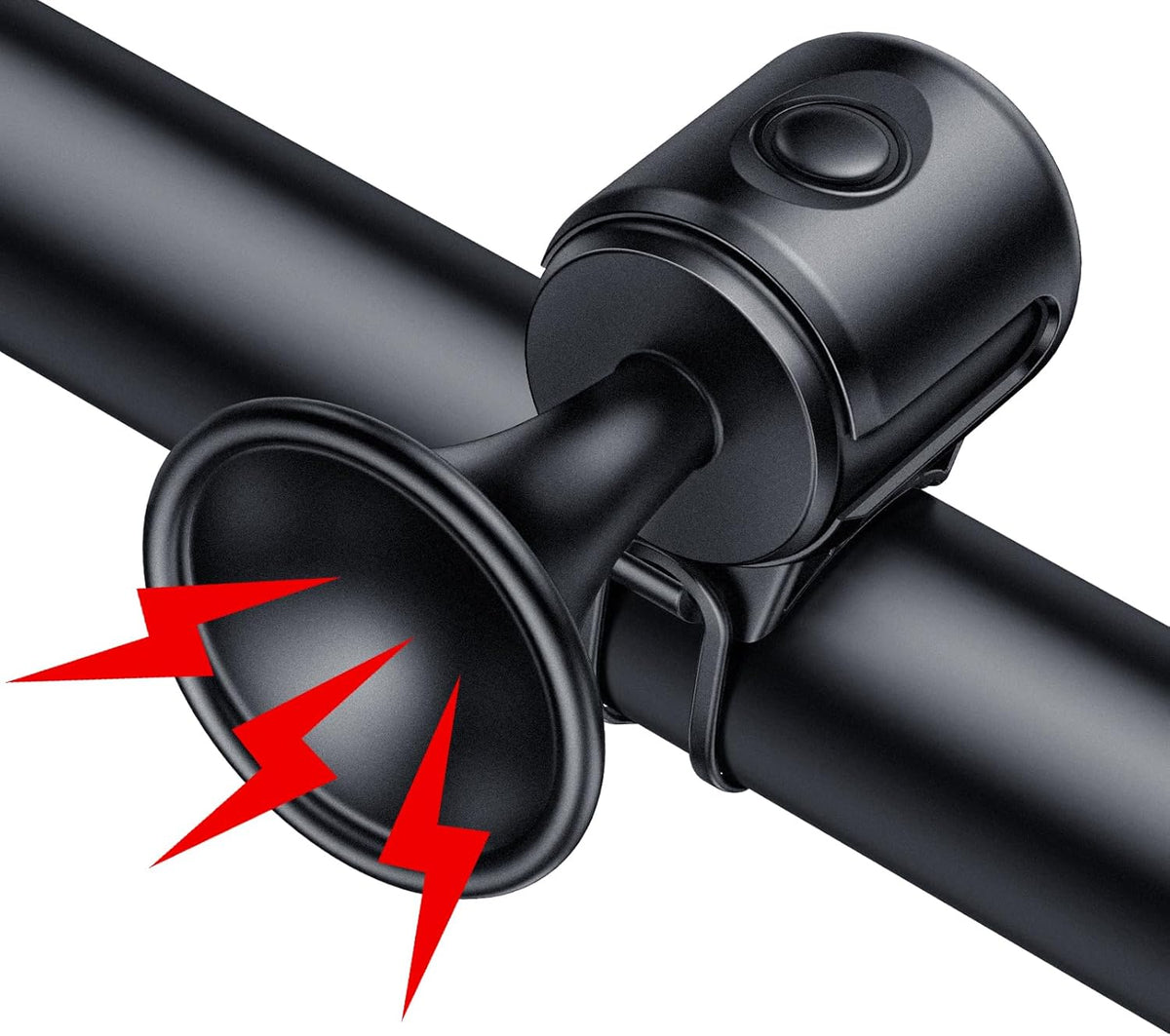 POWVINE Electric Bike Horn, 130dB Loud Bicycle Horn for 22.2–32mm Handlebars, IPX4 Waterproof Bike Bell with 2 CR2032 Batteries, Easy-Install Horn for Bikes, Scooters & E-Bikes, Black