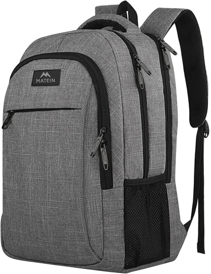 MATEIN Travel Laptop Backpack, 15.6-Inch College School Computer Bag, Water-Resistant Laptop Backpack with Multiple Pockets, Luggage Strap & Anti-Theft Pocket, Grey