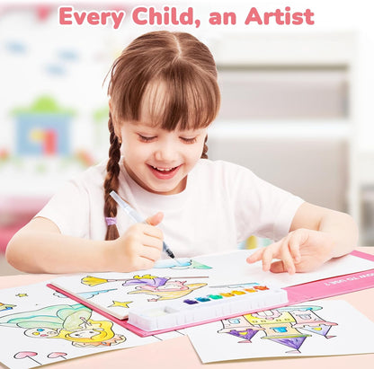 JoyCat Paint with Water Coloring Book for Toddlers, Magical Pony 3-in-1 Watercolor Activity Book with Brush & Paint, 20 Pages, Mess-Free Preschool Art Toy, Pink