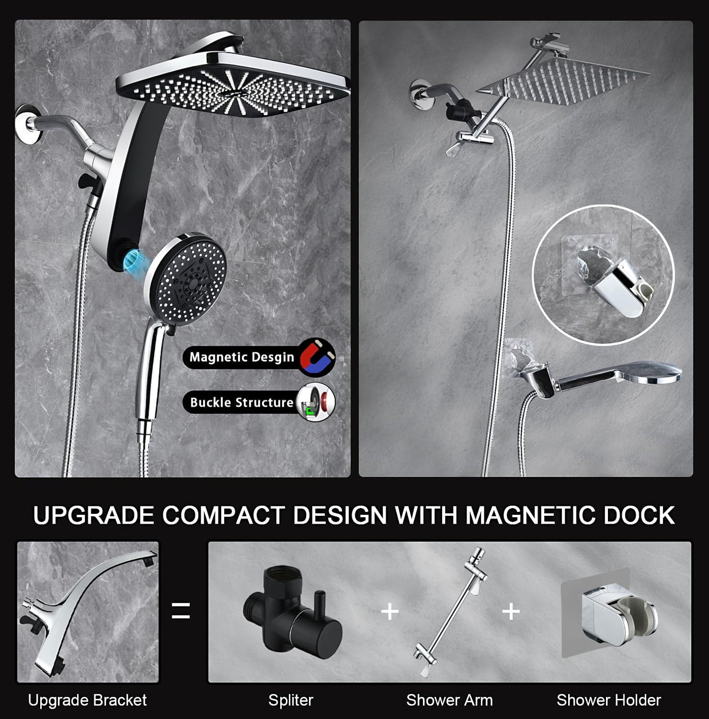 Rain Shower Head with Handheld Showerhead, Chrome 1.8GPM 460311 12" High Pressure Rainfall Shower Heads, 9 Sprays Handheld Showerheads, Magnetic Docking, Power Jets, 59" Shower Hose