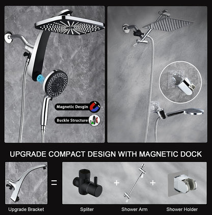 Rain Shower Head with Handheld Showerhead, Chrome 1.8GPM 460311 12" High Pressure Rainfall Shower Heads, 9 Sprays Handheld Showerheads, Magnetic Docking, Power Jets, 59" Shower Hose