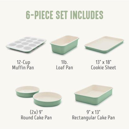 GreenLife 6 Piece Ceramic Nonstick Oven Bakeware Set, Sage PFAS-Free Ceramic Nonstick, Baking Set, Cookie Sheet, Loaf, Cake & Muffin Pans, Easy Release, Dishwasher & Oven Safe to 450F