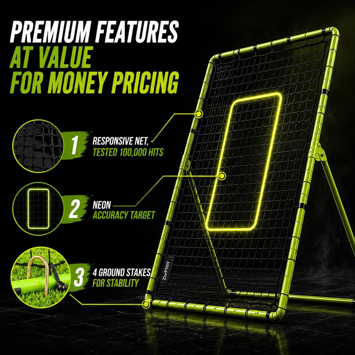 ZivPlay Volleyball Rebounder Net, 7 x 4 Ft Bounce Back Training Equipment with 5 Adjustable Angles, 28 Bungee Cords, Neon Target Strap & Ground Stakes