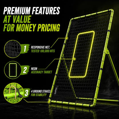 ZivPlay Volleyball Rebounder Net, 7 x 4 Ft Bounce Back Training Equipment with 5 Adjustable Angles, 28 Bungee Cords, Neon Target Strap & Ground Stakes