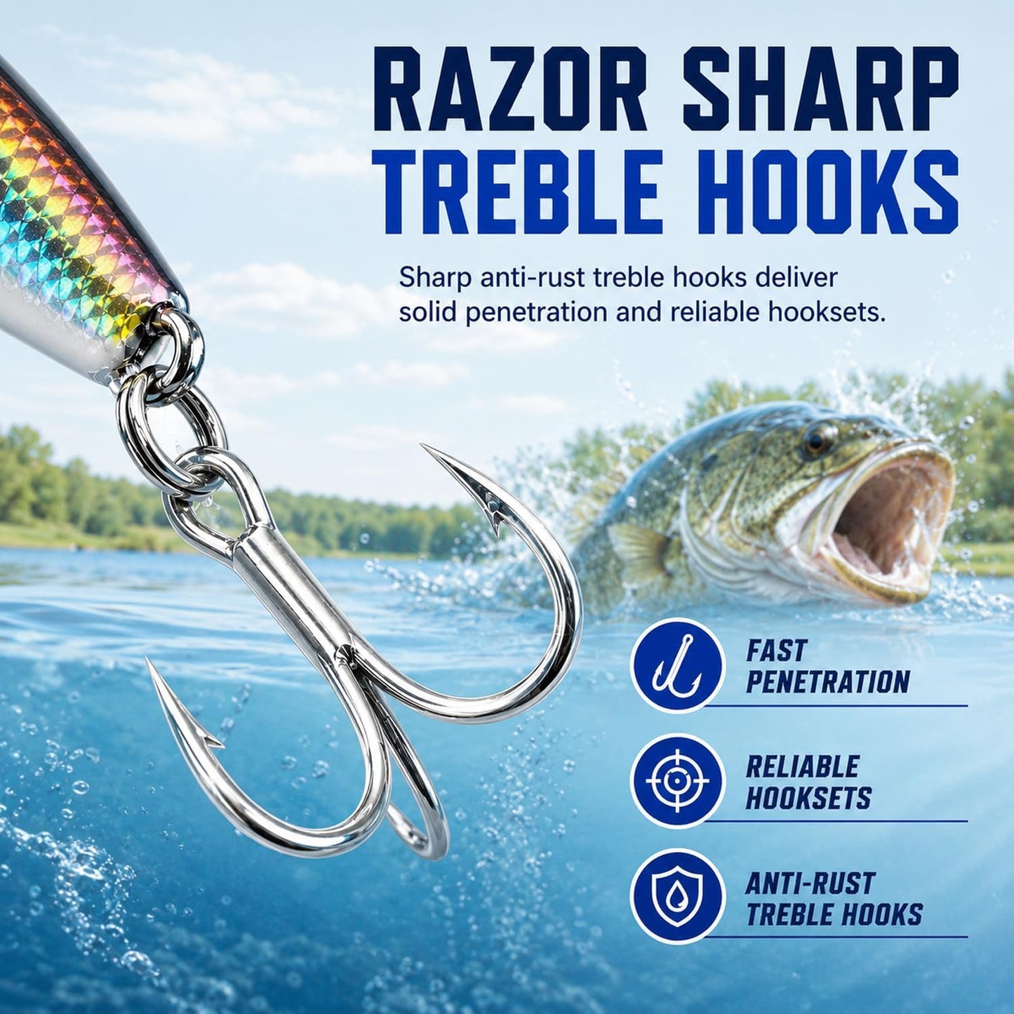 5PCS Sinking Jerkbait Fishing Lures, 3.35" Long-Casting Minnow Hard Baits with Realistic Swimming Action, Curved Lip, Holographic Finish & Treble Hooks for Bass, Trout, Walleye and Pike