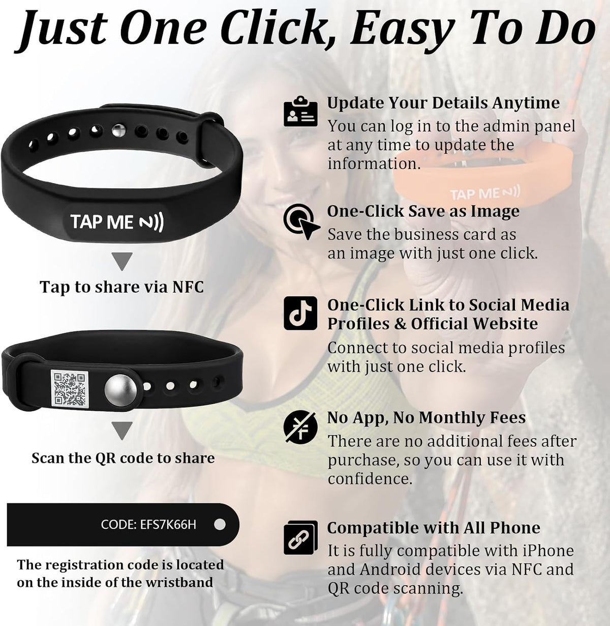 Digital Business Card Wristband | Blue NFC & QR Code Bracelet for Instant Social Media and Contact Sharing