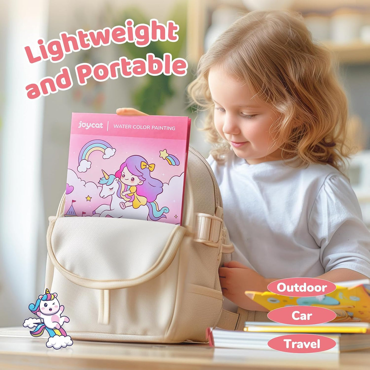 JoyCat Paint with Water Coloring Book for Toddlers, Magical Pony 3-in-1 Watercolor Activity Book with Brush & Paint, 20 Pages, Mess-Free Preschool Art Toy, Pink