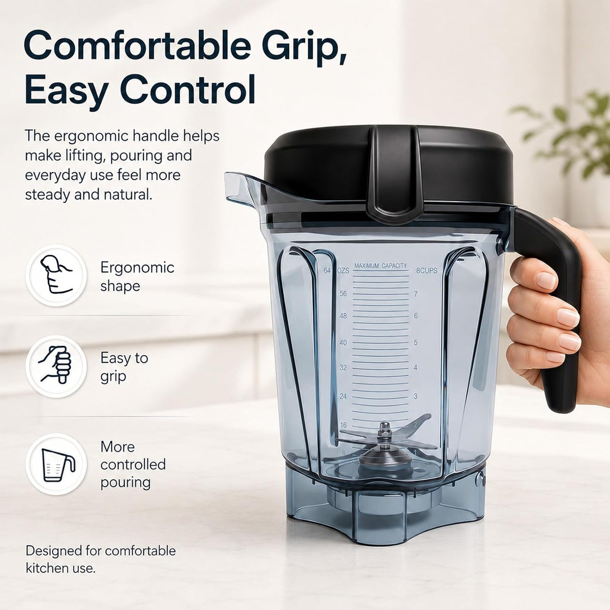64oz Low-Profile Blender Pitcher Compatible with 5200/7500/5000/6300/750/E310/VM0102/VM0103/VM0197- BPA-Free Container Jar Cup for Classic & Explorian Series