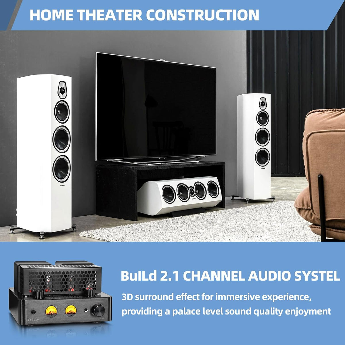 Tube Amplifier, Stereo Vacuum Tube Class A/B Amplifier,Integrated Amplifier with Bluetooth 5.0,Subwoofer Output, Headphone Output, Record Player Phono Preamp and USB DAC