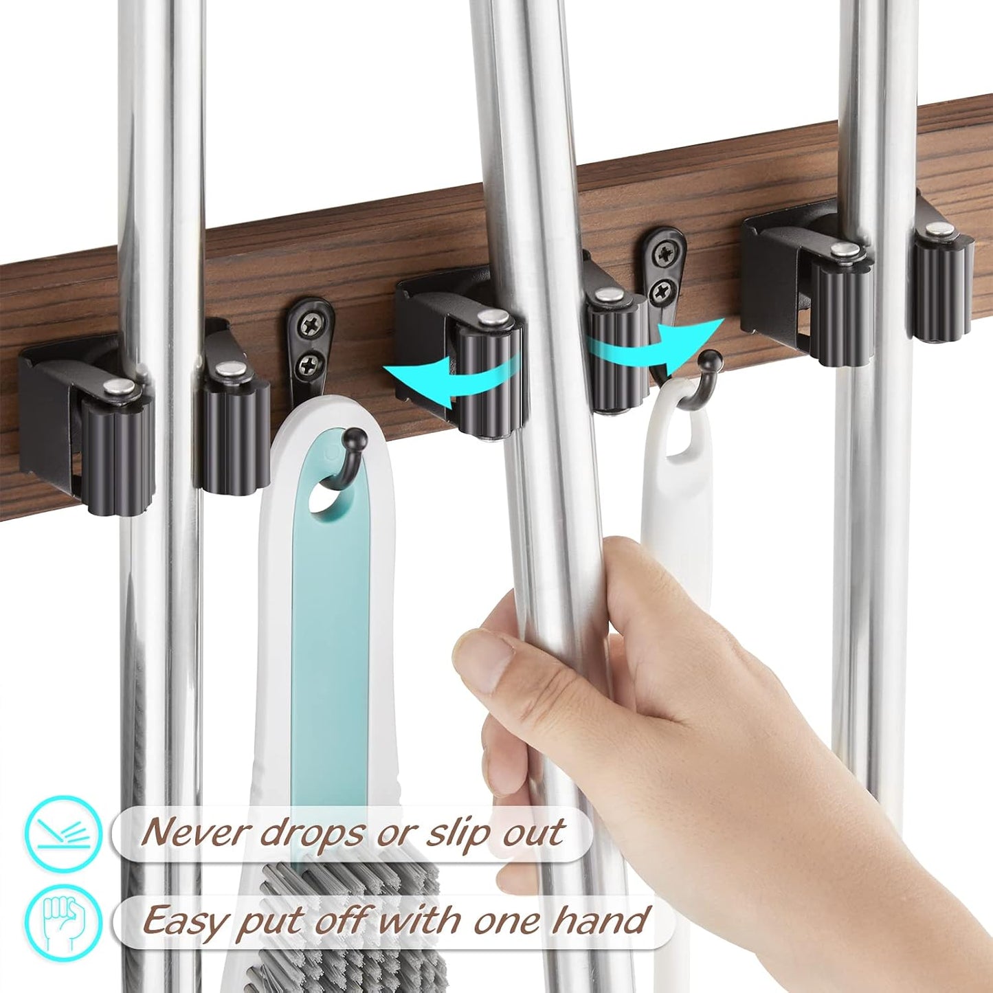 OUTNILI Mop and Broom Holder Wall Mount, Wood Broom Mop Hanger, Wall Mounted Garden Tool Rack Organizer, Rustic Kitchen Decor, 4 Slots & 4 Hooks, Brown
