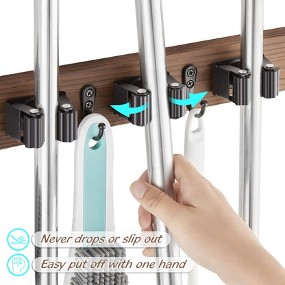 OUTNILI Mop and Broom Holder Wall Mount, Wood Broom Mop Hanger, Wall Mounted Garden Tool Rack Organizer, Rustic Kitchen Decor, 4 Slots & 4 Hooks, Brown