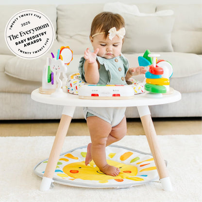 Little Acorn 4-in-1 Baby Activity Center, Montessori-Inspired Wooden Activity Center with 8 Interactive Toys, Tummy Time Mat, Activity Seat & Toddler Table, Sun