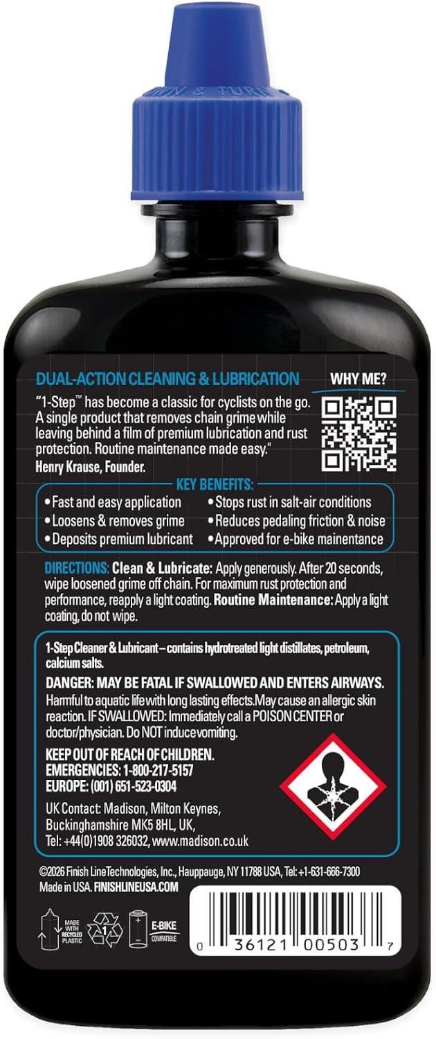Finish Line 1-Step Cleaner & Lubricant, 4 fl oz, Bicycle Chain Cleaner & Lubricant for All Chain Types, Rust Protection & Smooth Drivetrain Maintenance