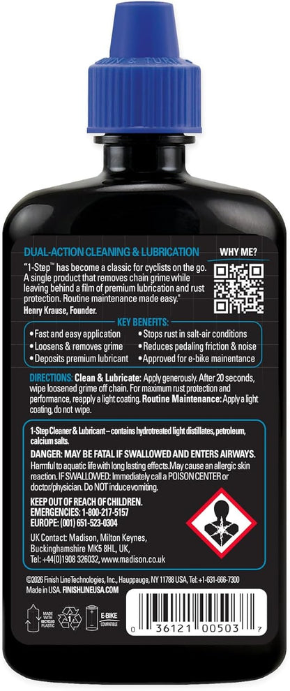Finish Line 1-Step Cleaner & Lubricant, 4 fl oz, Bicycle Chain Cleaner & Lubricant for All Chain Types, Rust Protection & Smooth Drivetrain Maintenance