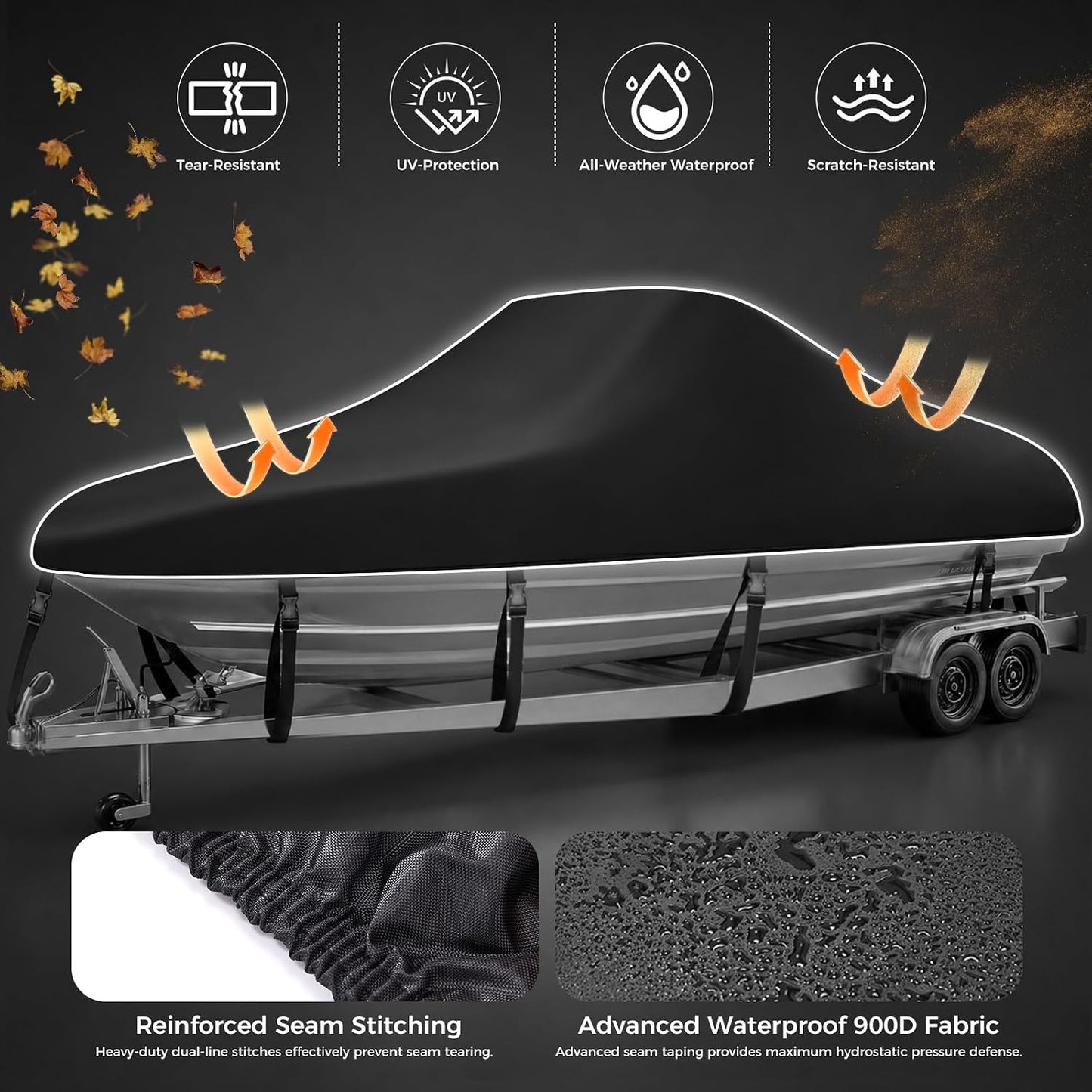 Horonaxo Boat Cover, 17-19ft 900D Waterproof V-Tri Hull, Up to 96" Beam Width, Heavy-Duty Trailerable Cover for Fishing, Runabout & Bass Boats