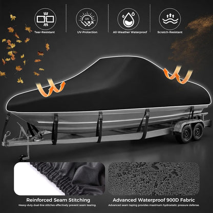 Horonaxo Boat Cover, 17-19ft 900D Waterproof V-Tri Hull, Up to 96" Beam Width, Heavy-Duty Trailerable Cover for Fishing, Runabout & Bass Boats