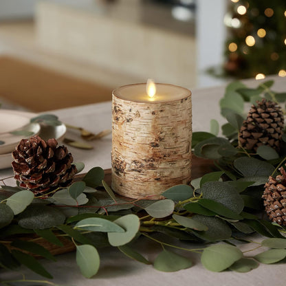 Luminara Real Birch Bark Wrapped Flameless LED Candle, 4" x 5.3", Battery Operated Moving Flame Pillar Light with Timer - Natural Decor Unscented