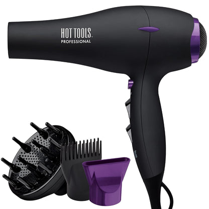 Hot Tools Pro Artist Tourmaline 2000 Turbo 1875 Watt Hair Dryer, Black Lightweight, Fast Drying, Ionic Technology for Salon Quality Blowouts, 6 Heat/Speed Settings, Pik, Concentrator, Diffuser