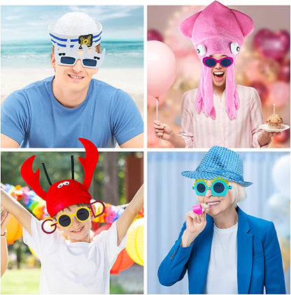Qunonaty 24-Piece Funny Party Hats & Sunglasses Set, 12 Assorted Novelty Hats and 12 Funny Glasses for Photo Booth Props, Costume Parties & Celebrations