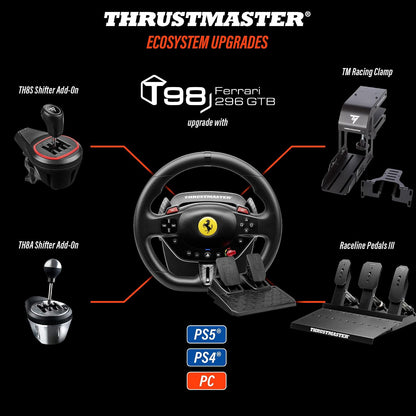 Thrustmaster T98 Ferrari 296 GTB - Racing Wheel and Pedal Set - PS5 & PC Beginner racing wheel, officially licensed by Ferrari, linear resistance, automatic return to centre, paddle shifters