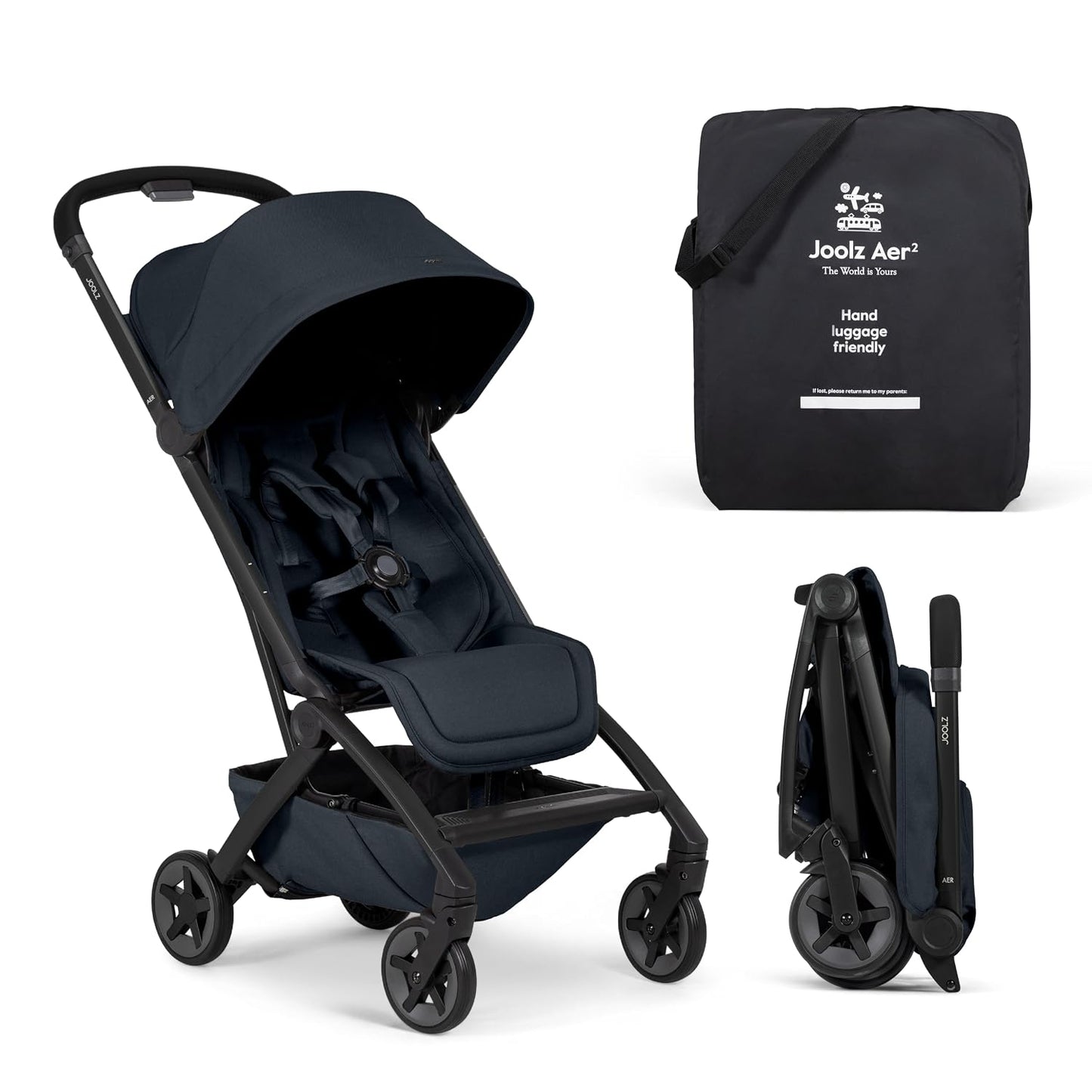 Joolz Aer² Lightweight Travel Stroller for Baby & Toddler, One-Hand Fold, Compact Airplane-Compatible Stroller, Full Recline, UPF 50+ Canopy, Travel Pouch & Baby Net, Dark Navy Blue