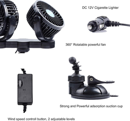 PME 12V Dual-Head Powerful Auto Fan | 2-Speed Car Fan with 360° Adjustable Heads, Suction Cup Mount & Cigarette Lighter Connector