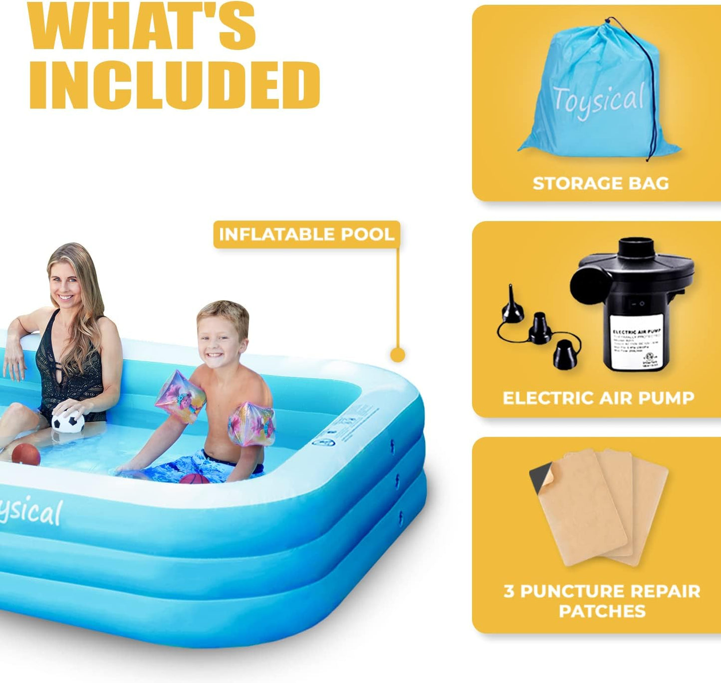 Toysical Inflatable Family Pool with Pump, 118" x 72" x 22", 312-Gallon Above Ground Swimming Pool for Kids & Adults, Rectangular PVC Pool with Air Pump & Repair Patches