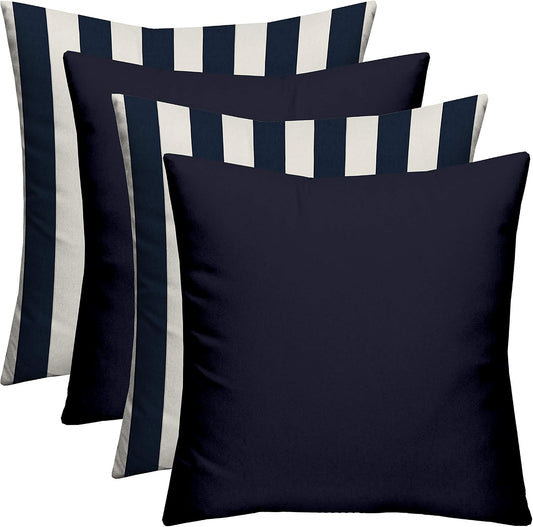 RSH DECOR Indoor Outdoor Navy Mix Set of 4-17"x 17" Square Pillow Set Weather Resistant - Choose Pillow Color (2-Navy Blue & 2-Navy Stripe Mixed Pillow Set)
