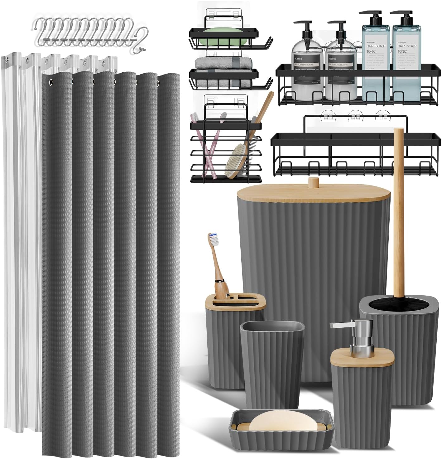 Clara Clark Black Bathroom Set, Shower Curtain Set, Bathroom Accessory Set