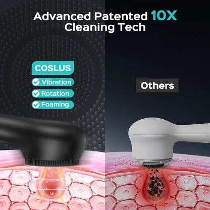 COSLUS FBS03 Face Scrubber Facial Cleansing Brush, Patented Design, Black Patented 2-in-1 Spin and Vibration with Automatic Foaming, Silicone Electric Exfoliator for Men Women, Travel, Waterproof