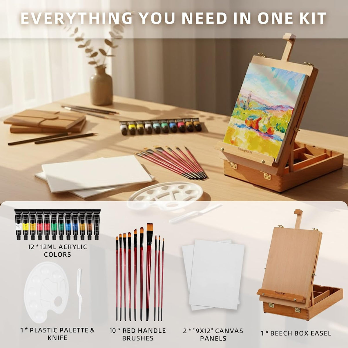 Falling in Art 27-Piece Beechwood Tabletop Easel Box Set, Acrylic Painting Kit with Easel Box, Canvas Panels, Brushes, Paints, Palette & Mixing Knife, White & Red